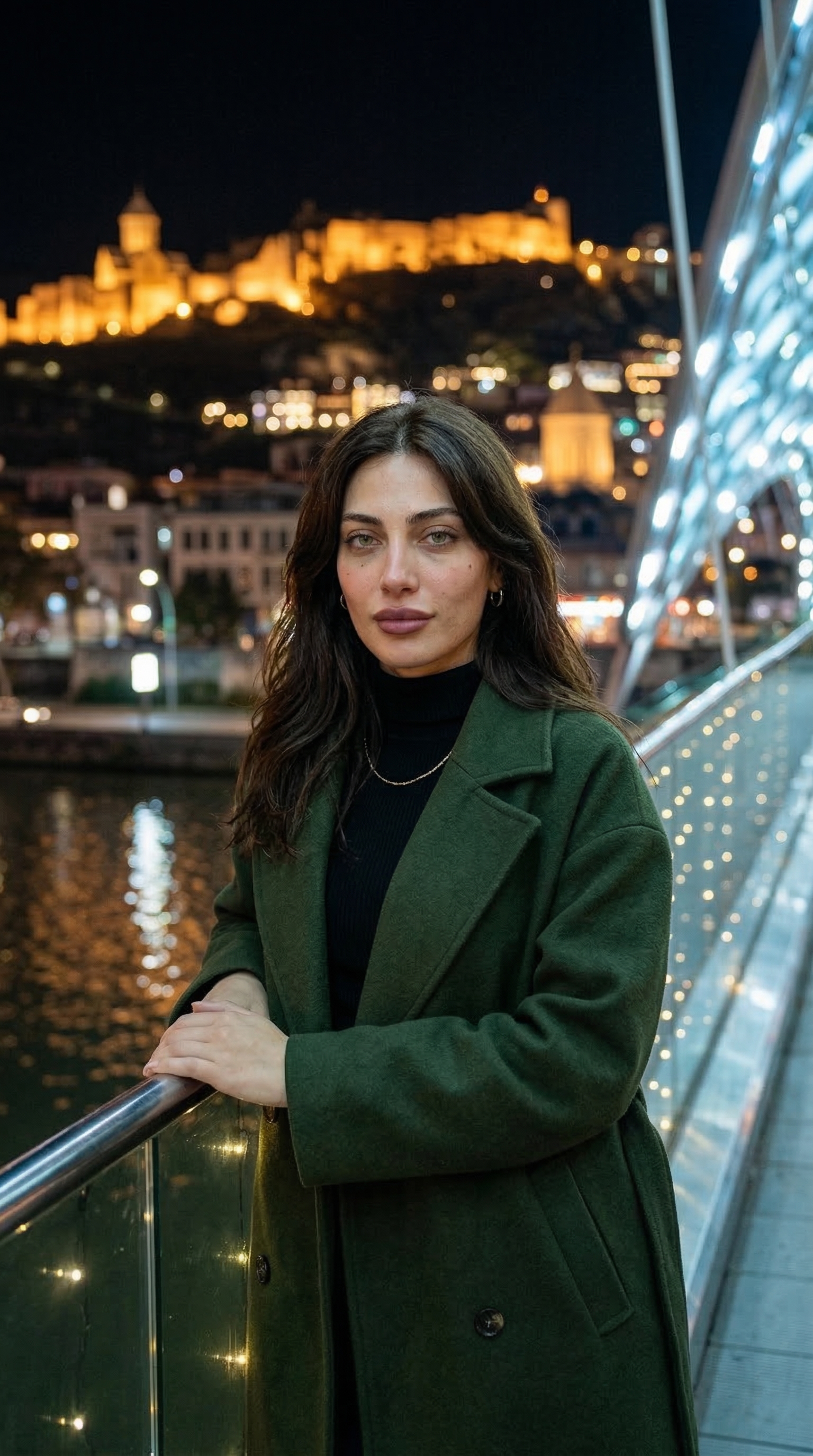Nini at night Tbilisi bridge